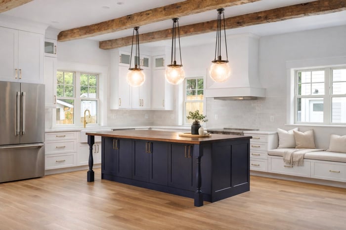 LEED-certified home in alexandria, VA, with exposed beams and navy oversized island