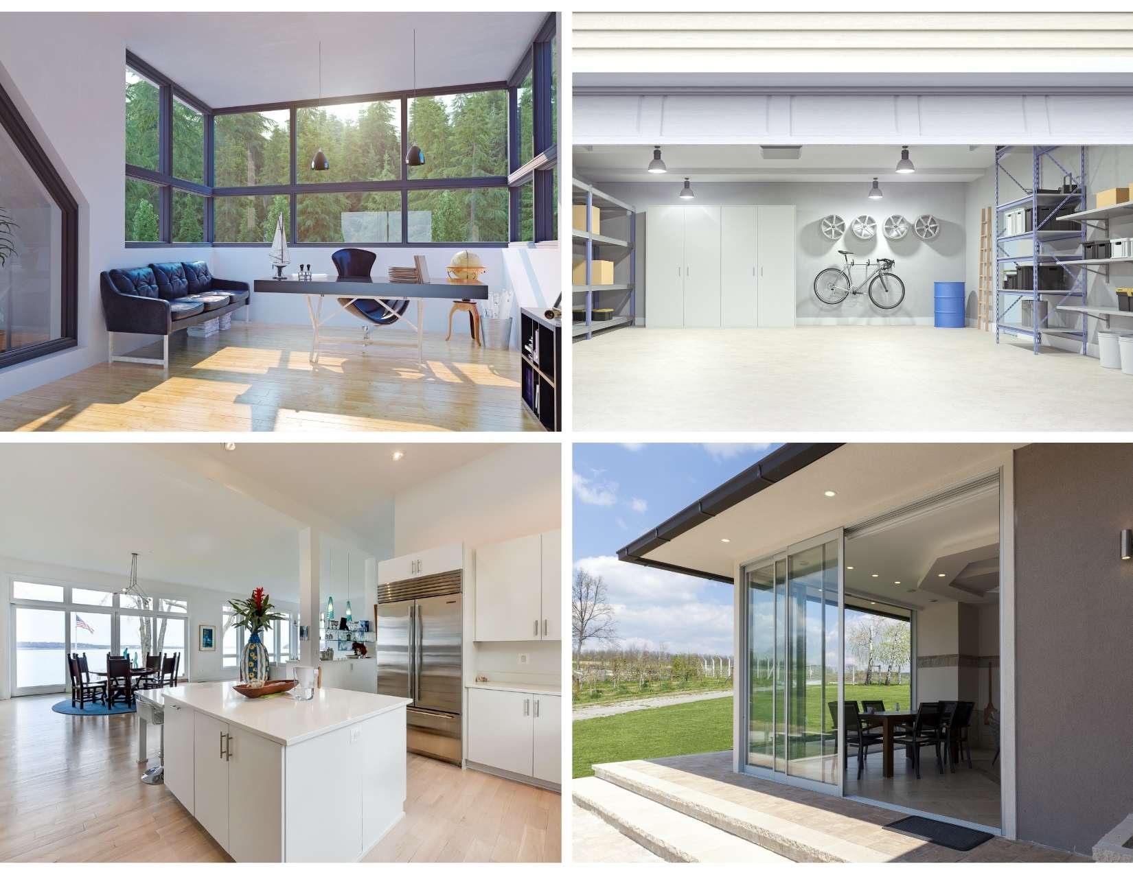 Purposefully designed rooms: dual-purpose home office, open-concept living and dining, indoor/outdoor rooms.