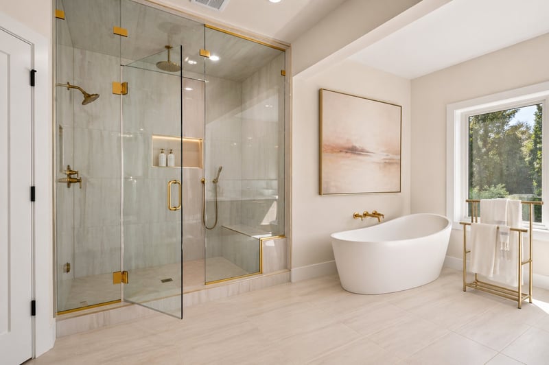 Primary bathroom in a modern farmhouse custom home in Bethesda, MD, by August Homes