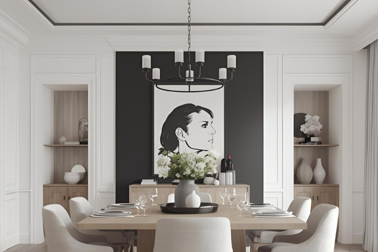 Custom dining area featuring statement ceiling trim and artwork in a DC Metro custom home