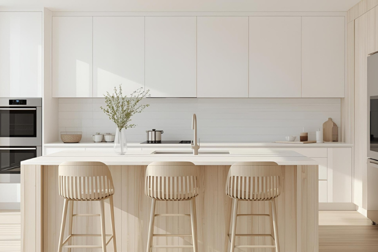 Custom light-toned kitchen featuring light wood and white cabinetry in a DC Metro custom home