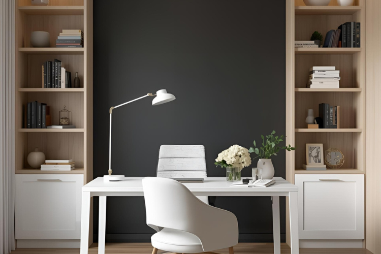 Modern office with minimalist design, featuring a dark brown accent wall and built-in-shelves in a DC Metro custom home