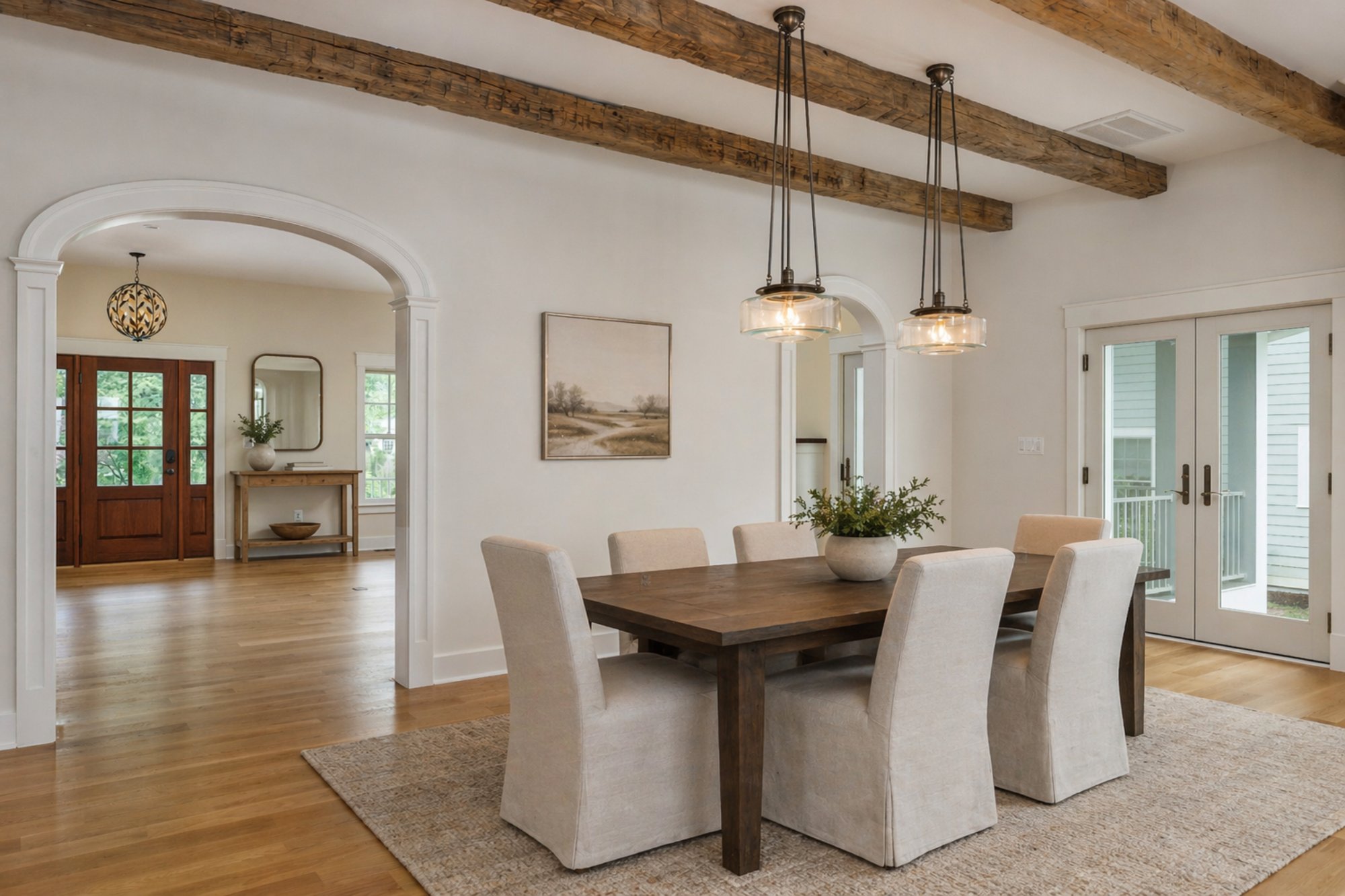 alexandria dining room by august homes elegant dining space with wood beams arched openings and modern lighting