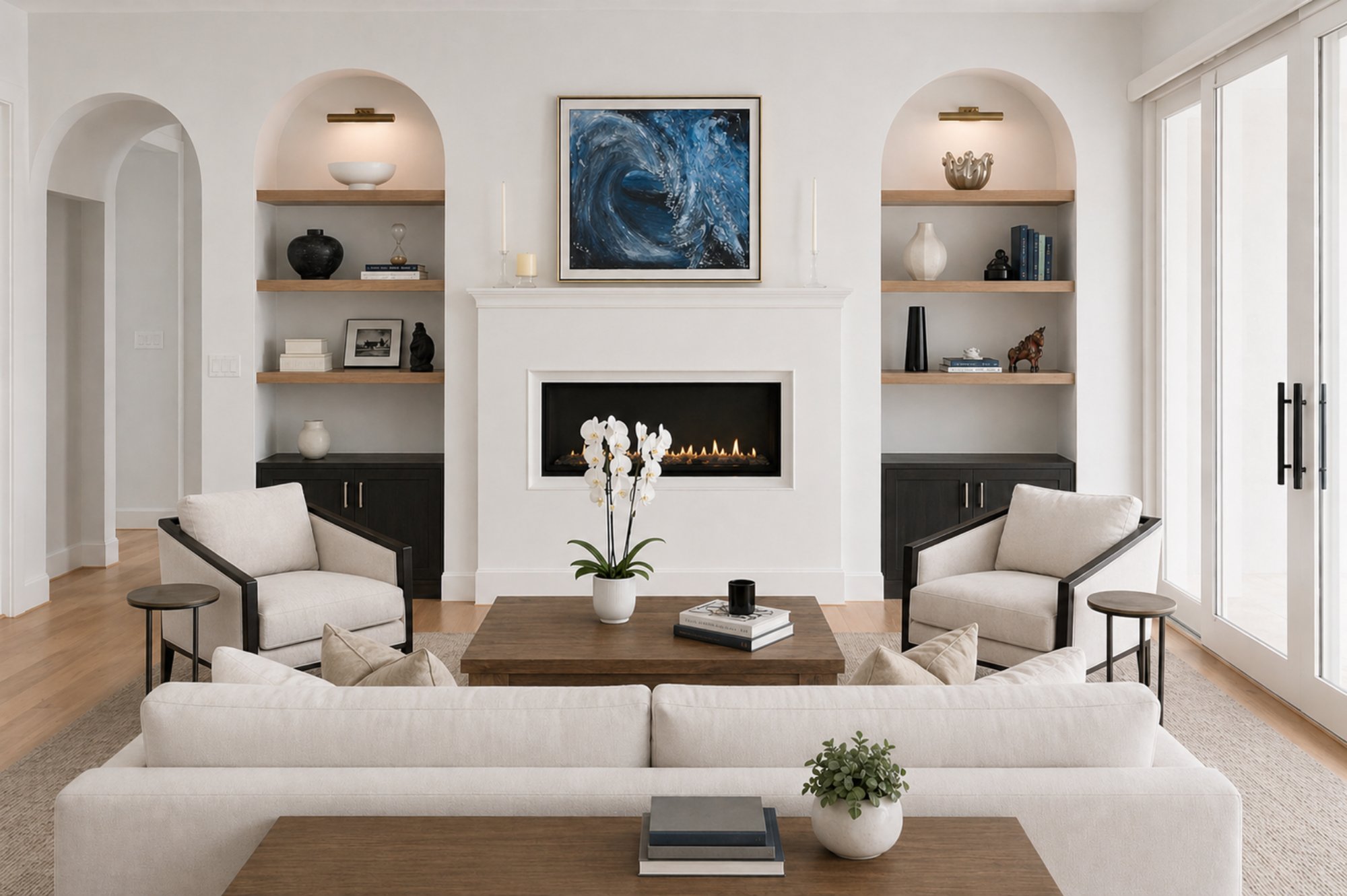 boyds multigenerational living room by august homes symmetrical living space with fireplace built in shelving and modern seating