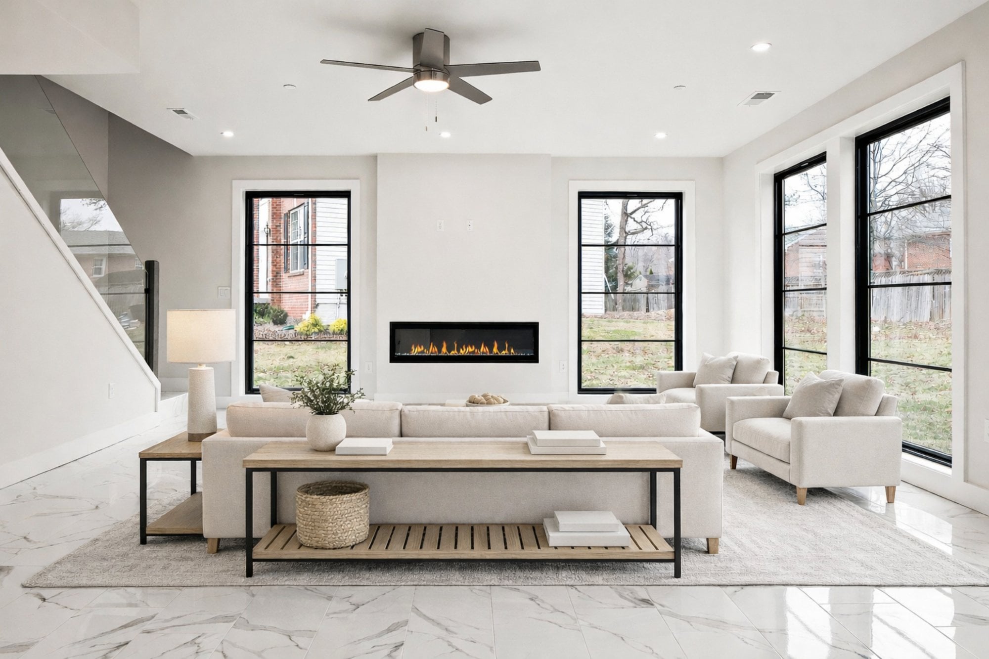 the langston living room by august homes bright modern living space with fireplace large windows and neutral furnishings